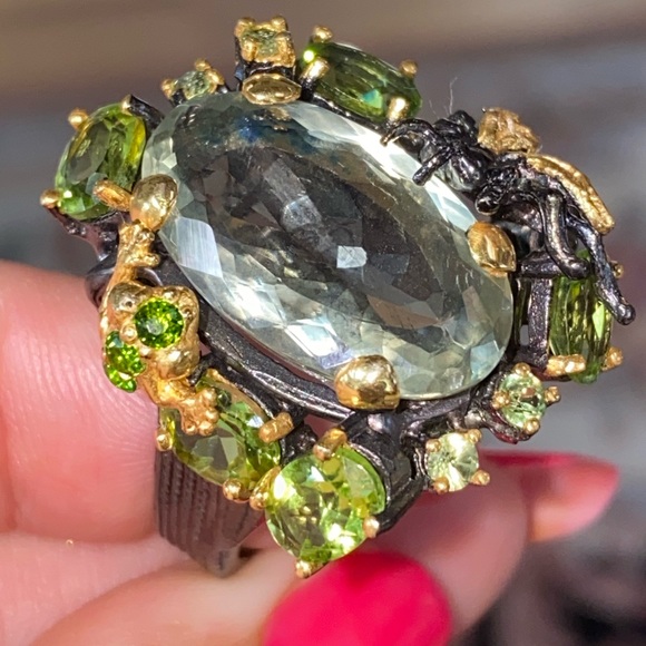 Intricate Genuine Green Amethyst Ring with Gems - Picture 15 of 17